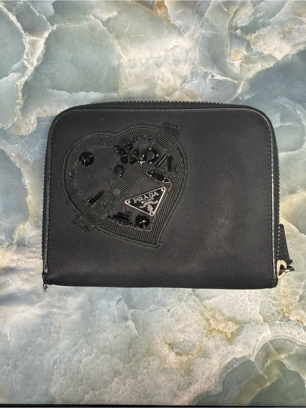 Prada Black Heart-Applique Zip Wallet